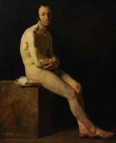 Male Nude Seated on Studio Block