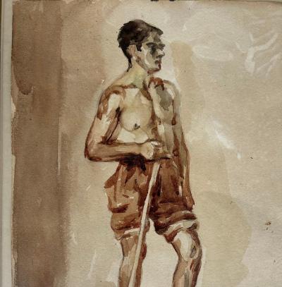 Male Study Water Color Gouache Painting by Leopoldo Roma ach