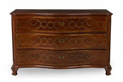 Maltese Continental Rosewood and Brass Inlaid Serpentine Commode