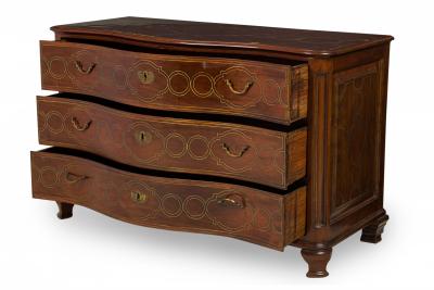 Maltese Continental Rosewood and Brass Inlaid Serpentine Commode
