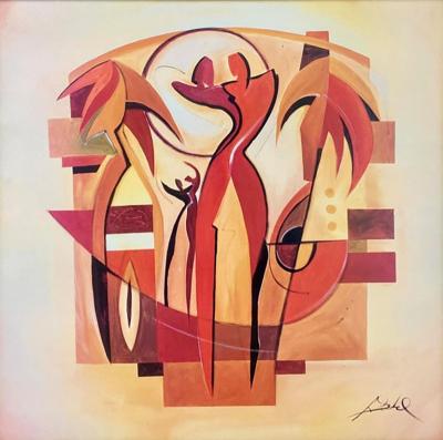Man Woman Figural Abstract Oil on Canvas Painting Signed
