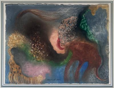 Manuel Mendive Vintage Mixed Media Abstract Painting by Manuel Mendive Signed Dated 92