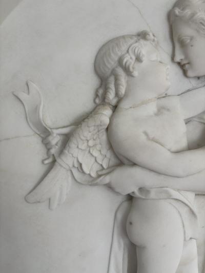 Marble Bas Relief Roundel of Venus Binding Cupid s Wings Signed I STRACK 
