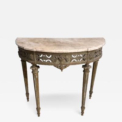 Marble Top Demilune Side Table Console circa 1780 poque Louis XI Painted
