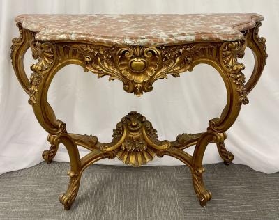 Marble Top Louis XV Style Console Table by Jansen Exquisite Carved Details 1920s