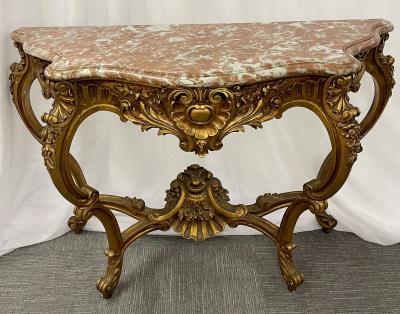 Marble Top Louis XV Style Console Table by Jansen Exquisite Carved Details 1920s
