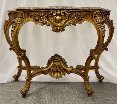 Marble Top Louis XV Style Console Table by Jansen Exquisite Carved Details 1920s