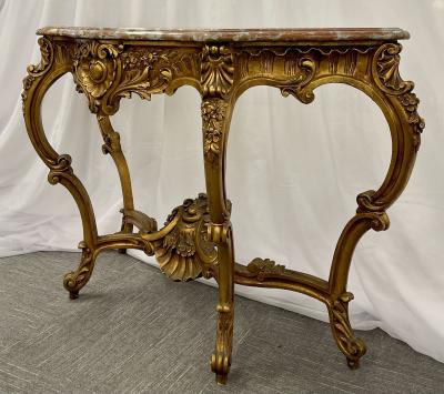 Marble Top Louis XV Style Console Table by Jansen Exquisite Carved Details 1920s