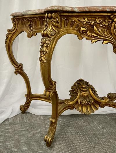 Marble Top Louis XV Style Console Table by Jansen Exquisite Carved Details 1920s