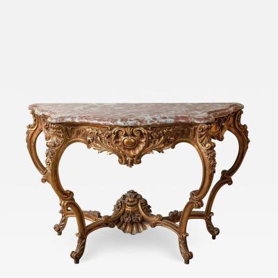 Marble Top Louis XV Style Console Table by Jansen Exquisite Carved Details 1920s