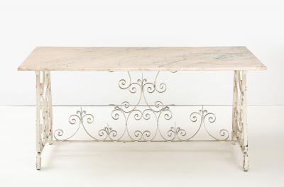 Marble Top Scroll Work Metal Base Dining Table England Mid 20th C 