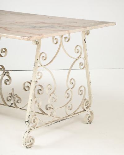 Marble Top Scroll Work Metal Base Dining Table England Mid 20th C 