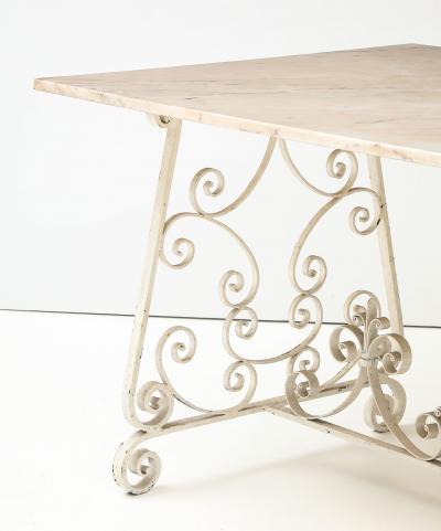 Marble Top Scroll Work Metal Base Dining Table England Mid 20th C 