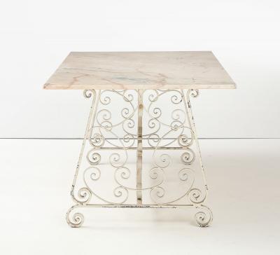 Marble Top Scroll Work Metal Base Dining Table England Mid 20th C 