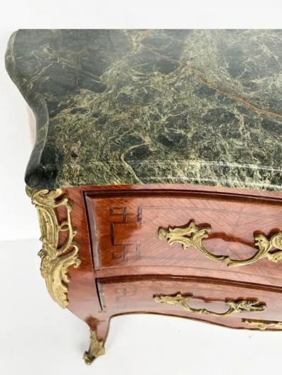 Marble Top Three Drawer Commode with Marquetry and Gilt Bronze Mounts 20th C