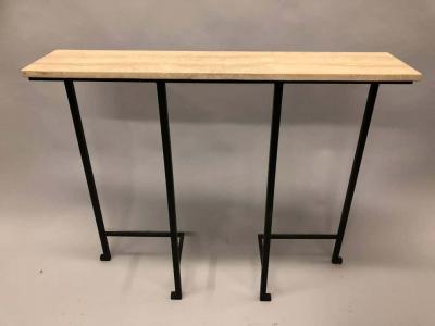 Marc Du Plantier 2 French Mid Century Modern Wrought Iron Stone Consoles Attr Marc Duplantier