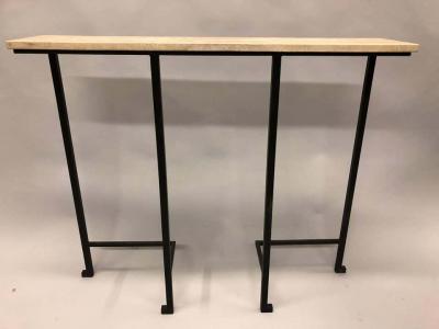 Marc Du Plantier 2 French Mid Century Modern Wrought Iron Stone Consoles Attr Marc Duplantier