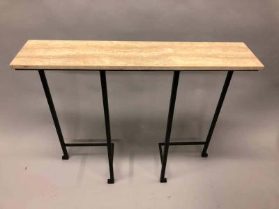 Marc Du Plantier 2 French Mid Century Modern Wrought Iron Stone Consoles Attr Marc Duplantier