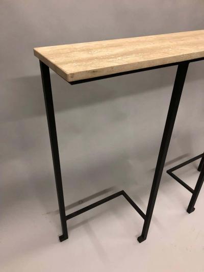 Marc Du Plantier 2 French Mid Century Modern Wrought Iron Stone Consoles Attr Marc Duplantier