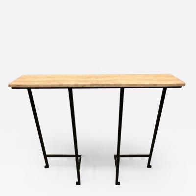 Marc Du Plantier 2 French Mid Century Modern Wrought Iron Stone Consoles Attr Marc Duplantier