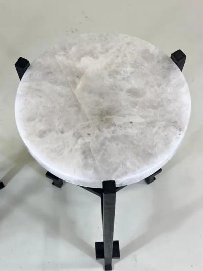 Marc Du Plantier Pair French Modern Neoclassical Rock Crystal Iron Side Tables Marc du Plantier
