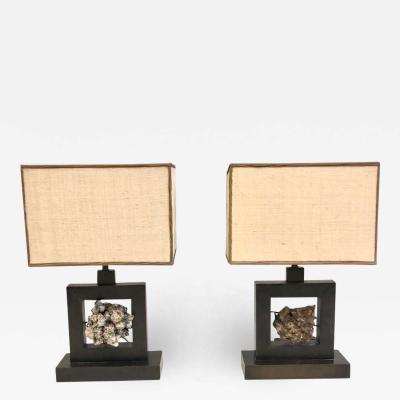 Marc Du Plantier Pair of French Bronze Rock Crystal Mineral Geode Table Lamps Marc Du Plantier