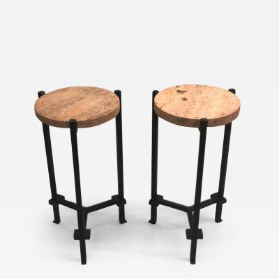 Marc Du Plantier Pair of French Wrought Iron Travertine Crystal Side Tables Marc du Plantier