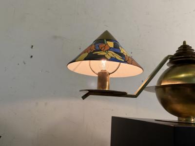 Marc Errol RARE MODERNIST BRASS ART DECO LAMP ENAMELED FLOWER GLASS SHADES BY MARC ERROL