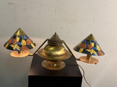Marc Errol RARE MODERNIST BRASS ART DECO LAMP ENAMELED FLOWER GLASS SHADES BY MARC ERROL