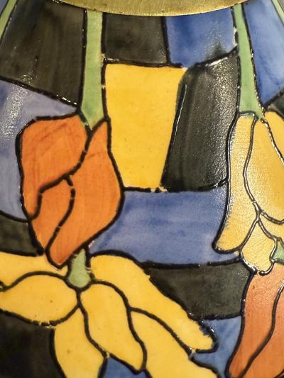 Marc Errol RARE MODERNIST BRASS ART DECO LAMP ENAMELED FLOWER GLASS SHADES BY MARC ERROL