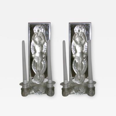 Marc Lalique Pair of Figural Art Deco Sconces by Marc Lalique