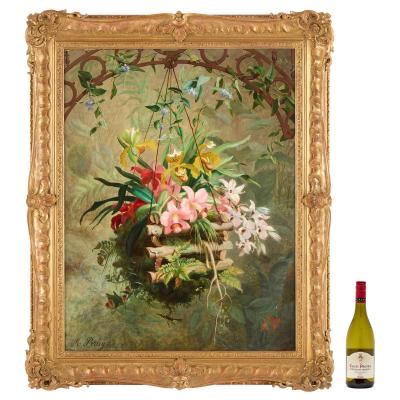 Marc Laurent Bruyas Large 19th century floral still life of a hanging orchid basket by Bruyas