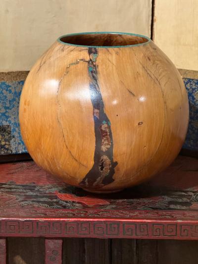 Marc Wroe Turned Turquoise Inlaid Wood Vessel II
