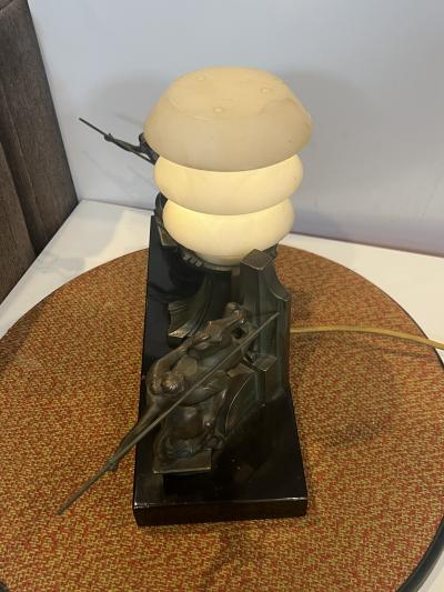 Marcel Andre Bouraine GREAT ART DECO WARRIOR WOMEN ON HORSEBACK WITH SPEARS LAMP ON BLACK MARBLE BASE