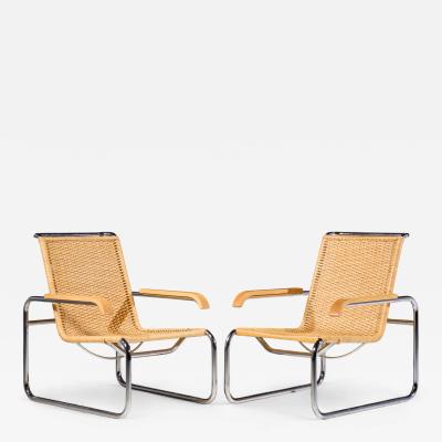 Marcel Breuer Marcel Breuer for Thonet B35 Mid Century Chrome and Rattan Lounge Chairs Pair