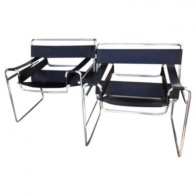 Marcel Breuer Pair of Black Leather Wassily Chairs by Marcel Breuer