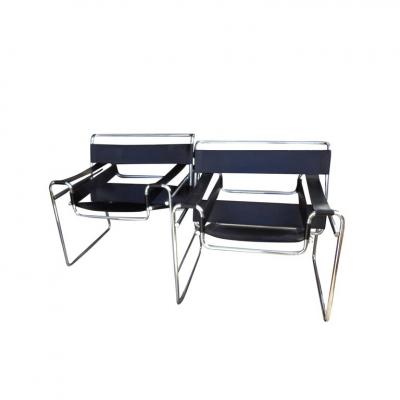 Marcel Breuer Pair of Black Leather Wassily Chairs by Marcel Breuer