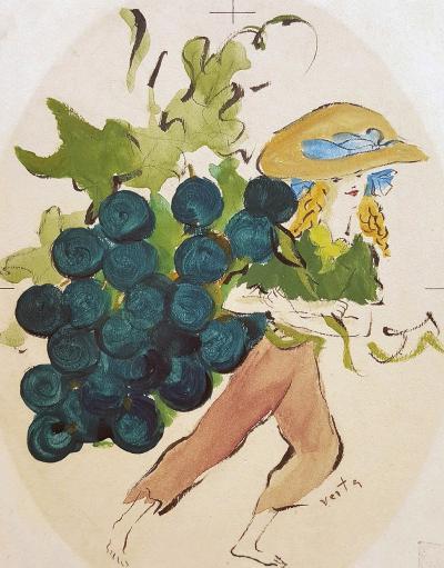 Marcel Vertes Girl with Grapes Illustration