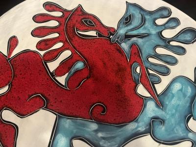 Marcello Fantoni MID CENTURY ITALIAN CERAMIC CHARGER WITH MODERNIST BLUE RED ABSTRACT HORSES