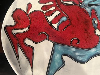 Marcello Fantoni MID CENTURY ITALIAN CERAMIC CHARGER WITH MODERNIST BLUE RED ABSTRACT HORSES