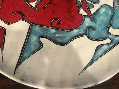 Marcello Fantoni MID CENTURY ITALIAN CERAMIC CHARGER WITH MODERNIST BLUE RED ABSTRACT HORSES