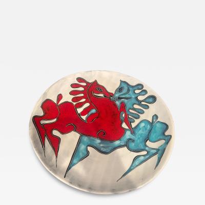 Marcello Fantoni MID CENTURY ITALIAN CERAMIC CHARGER WITH MODERNIST BLUE RED ABSTRACT HORSES