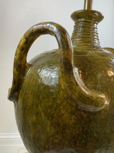 Marcello Fantoni MONUMENTAL ITALIAN CHARTREUSE VOLCANIC GLAZE DOUBLE HANDLED POTTERY LAMP