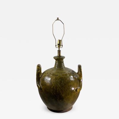 Marcello Fantoni MONUMENTAL ITALIAN CHARTREUSE VOLCANIC GLAZE DOUBLE HANDLED POTTERY LAMP