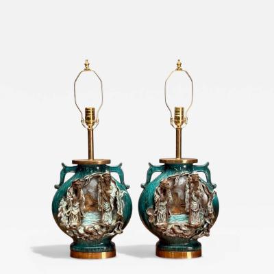 Marcello Fantoni Marcello Fantoni Green Ceramic Chinese Table Lamps Italy 1940s