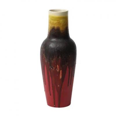 Marcello Fantoni Marcello Fantoni Raymor Vase Ceramic Drip Glaze Burgundy Red Yellow Signed