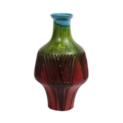 Marcello Fantoni Marcello Fantoni Vase Stoneware Incised Red Green Blue Signed