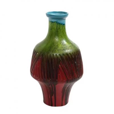 Marcello Fantoni Marcello Fantoni Vase Stoneware Incised Red Green Blue Signed