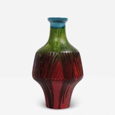 Marcello Fantoni Marcello Fantoni Vase Stoneware Incised Red Green Blue Signed