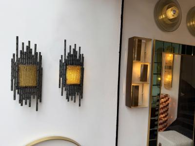 Marcello Fantoni Pair of Wrought Iron and Glass Sconces by Marcello Fantoni Italy 1970s
